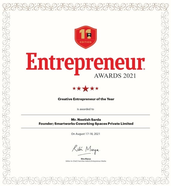 Creative Entrepreneur of the Year at 11th Annual Entrepreneur India Awards 2021